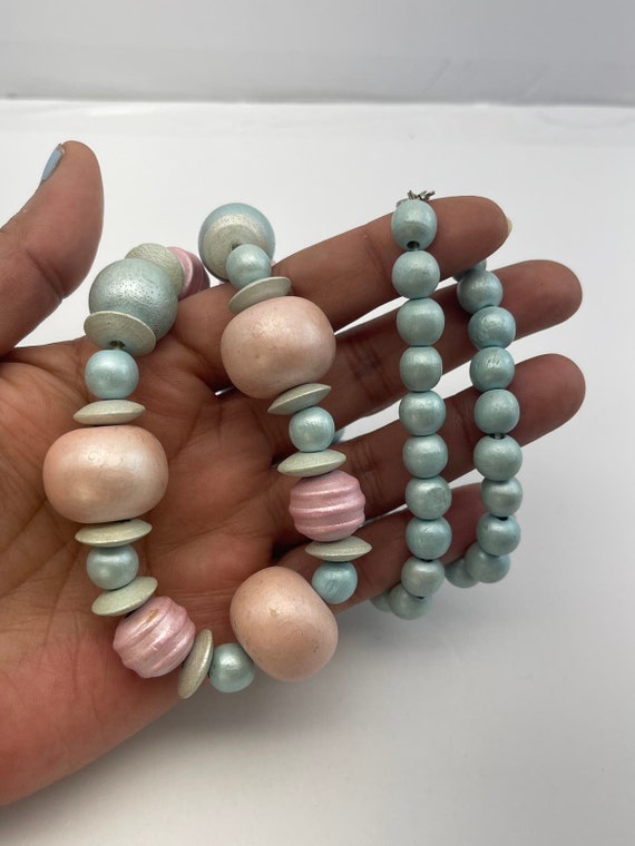 Vintage Pastel Colored Dyed Wooden Beaded Bead Ne… - image 2