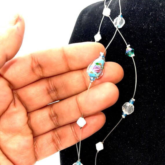 Vintage Wire Necklace Art Glass Multi Strand Floa… - image 9