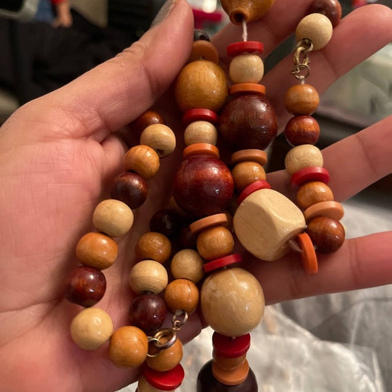 Vintage Natural Wood Beaded Wood Bead Necklace an… - image 8