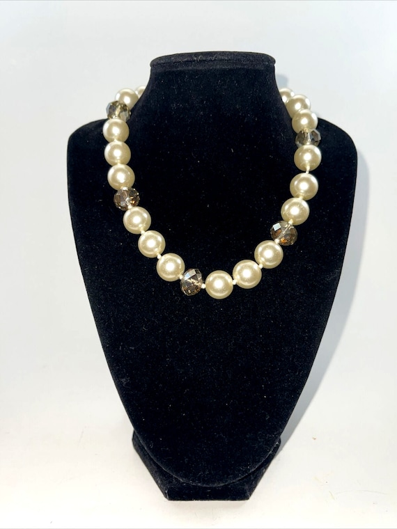 Vintage Necklace Glass Faux Pearls Ivory Clear Gla