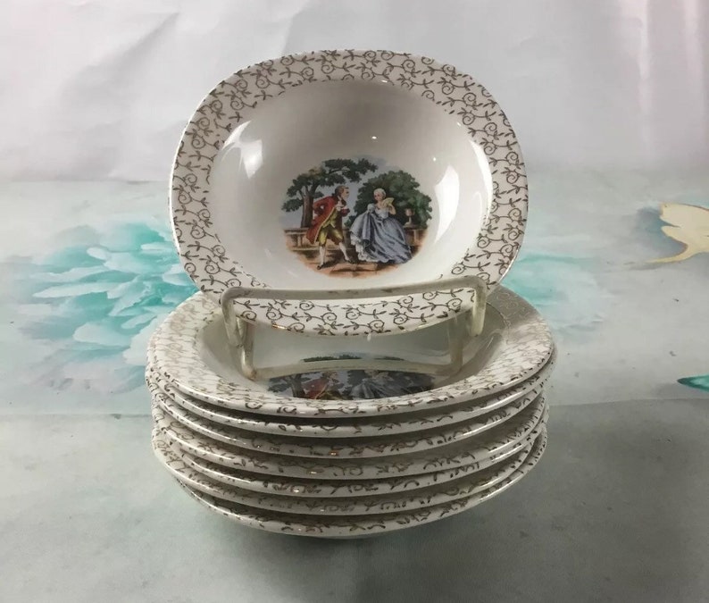 Set of 4 Taylor Smith Taylor Dessert Fruit Bowls Square Gold Trim Pilgrims