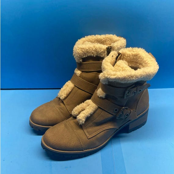 Anne Klein AK Sport Brown Ankle Boots Faux Fur Trim, Buckle