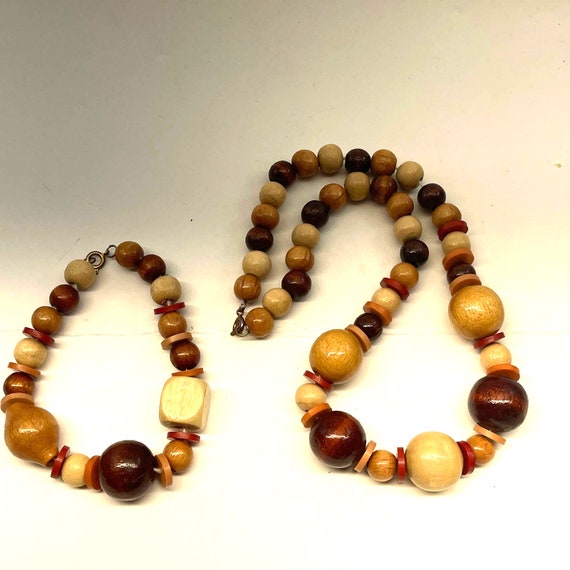 Vintage Natural Wood Beaded Wood Bead Necklace an… - image 3