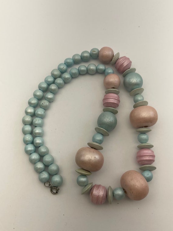 Vintage Pastel Colored Dyed Wooden Beaded Bead Ne… - image 3