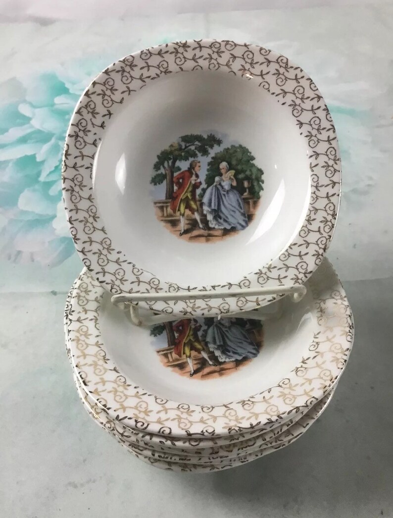 Set of 4 Taylor Smith Taylor Dessert Fruit Bowls Square Gold Trim Pilgrims