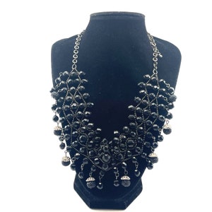 Vintage Black Beaded Cluster Bib Silver Tone Bead Chain B7