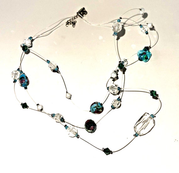 Vintage Wire Necklace Art Glass Multi Strand Floa… - image 2
