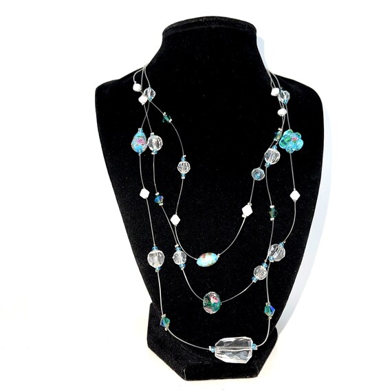 Vintage Wire Necklace Art Glass Multi Strand Floa… - image 3