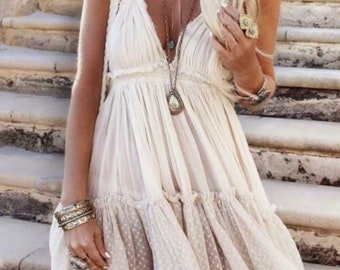 Boho Halter BaBydoll Dress Open Back Lace Beige
