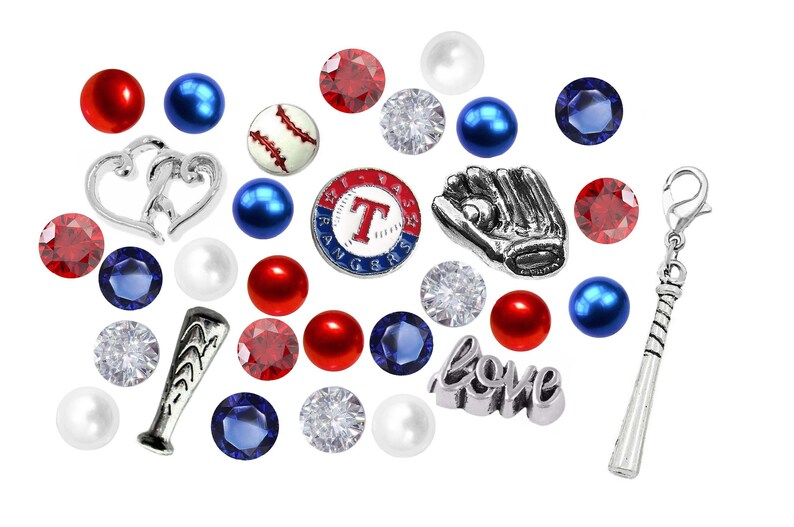 Texas Rangers Floating Charm Set WBall /& Bats Dangle 12 x 4mm Czech Crystals