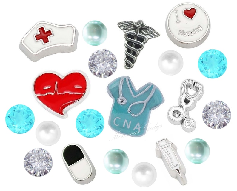 Caduceus CNA Scrubs Nurse Cap Floating Charms W Czech \u00a0Crystals Medical Symbol