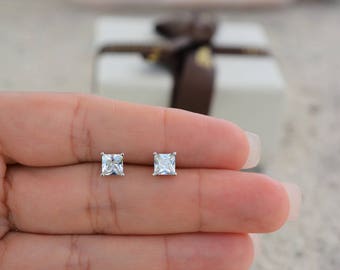 Square Stud Earrings. 4mm Square Studs. Sterling Silver High Quality Cz Square Studs. Square Basket Cz Stud Earrings.