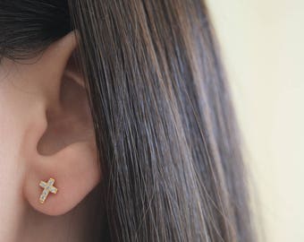Sterling Silver Small Cross Earrings. Premium Quality Cz Cross Stud Earrings. 7x6mm Cross Earrings. 18k Gold Plated Silver Cross Earrings.