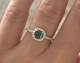 Emerald Ring. May Birthstone Ring. Small Gemstone Ring. Engagement Ring. Delicate Emerald Ring. Gemstone Ring. Cushion Cut Halo Emerald Ring