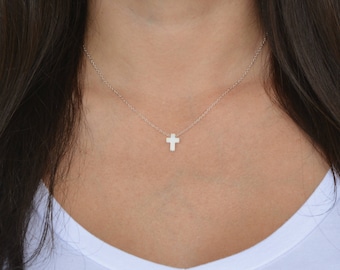 Sterling silver mini opal cross necklace. Silver white opal necklace. Small opal cross necklace. 8x10m white opal cross necklace.