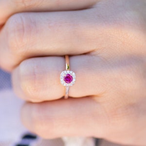 Rose Gold Ruby Ring. Dainty Halo Ruby Ring. Round Cut Square Halo Ruby Ring. July Birthstone Ring. Gemstone Ring. Promise Ring.