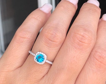 Blue Topaz Ring. Sterling Silver Round Cut Blue Topaz Ring. Square Halo Promise Ring. December Birthstone Ring. Gemstone Ring. Sizes 4-10.