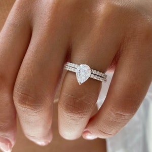 2.0 ctw Pear Shaped Wedding Ring Set. Teardrop Bridal Rings. Pear Cut Engagement Ring. Half Eternity Wedding Band. Anniversary Rings. image 6