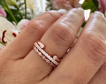 Set Of Three Wedding Bands. Rose Gold Wedding Bands. Rose Gold Ring Set. Stackable Rings. Open Gap Ring. Half Eternity Band. Braided Ring.