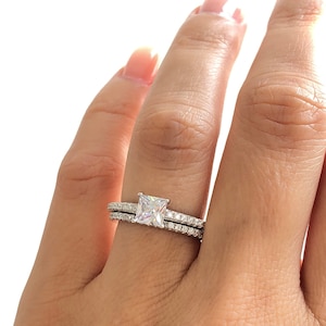 Princess Cut Wedding Ring Set. Sterling Silver Wedding Rings. Delicate Bridal Rings. Princess Cut Engagement Ring and Half Eternity Band.