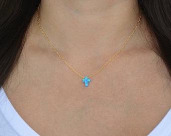 Sterling silver mini opal cross necklace. Sterling silver gold plated opal necklace. Mini cross opal necklace. Small cross necklace.