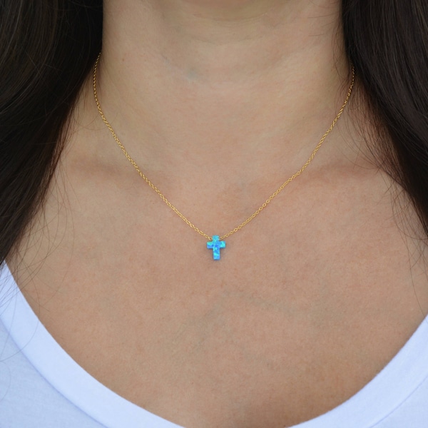 Sterling silver mini opal cross necklace. Sterling silver gold plated opal necklace. Mini cross opal necklace. Small cross necklace.