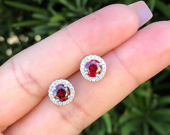 Sterling Silver Round Halo Earrings. Garnet Earrings. Garnet Studs. Silver Studs. Round Cut Halo Earrings. January Birthstone Stud Earrings.