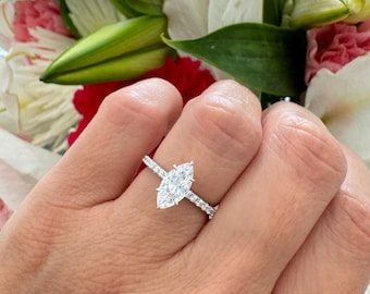 1 Carat Marquise Cut Engagement Ring. Wedding Ring. Diamond Simulant Marquise Ring. Sterling Silver Solitaire Ring. 6 Prong Marquise Ring.