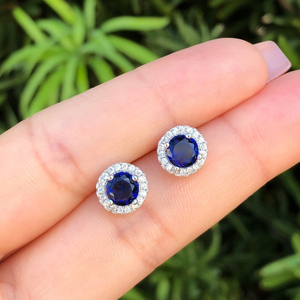 Blue Sapphire Round Halo Earrings. Blue Sapphire Stud Earrings. Round Cut Earrings. Solitaire Stud Earrings. September Birthstone Earrings.