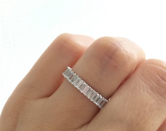 Pulseira Cz Baguette em Prata Esterlina de 4mm. Banda de noivado. Anel baguete banhado a ródio em prata esterlina. Caixa de presente luxuosa. Frete grátis.