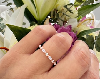 Rose Gold Art Deco Vintage Wedding Band. Round and Marquise Band. Half Eternity Stackable Band. Silver Wedding Ring. Marquise Ring. Eternity