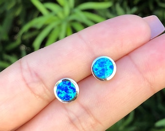 Disc Stud Earrings. 8mm Studs. Blue Opal Disc Earrings. Circle Earrings. Circle Studs. Sterling Silver Blue Opal Earrings. Opal Jewelry.