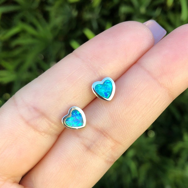 Beautiful Blue Opal Heart Earrings. Sterling Silver Heart Earrings. Opal Jewelry. Mini Heart Earrings. Heart Studs. Blue Opal Studs.