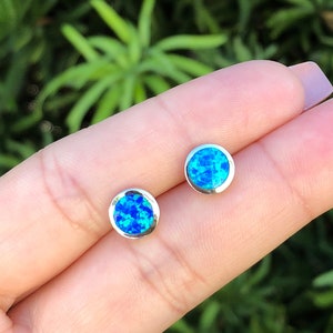 Disc Stud Earrings. 8mm Studs. Blue Opal Disc Earrings. Circle Earrings. Circle Studs. Sterling Silver Blue Opal Earrings. Opal Jewelry.