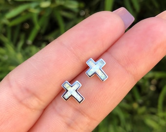 Dainty Cross Earrings. Small White Opal Cross Earrings. Sterling Silver Cross Earrings. Opal Stud Earrings. Gift For Her. White Opal Jewelry