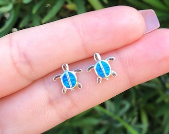 Blue Opal Turtle Earrings. Turtle Stud Earrings. Blue Opal Studs. Sterling Silver Mini Turtle Stud Earrings. Dainty Sea Turtle Earrings.
