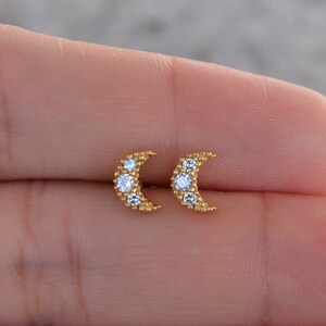 Sterling silver mini moon stud earrings. Dainty moon stud earrings. Gold cz moon earrings. Rose gold cz moon earrings. Silver stud earrings.