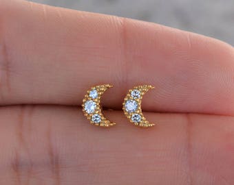 Sterling silver mini moon stud earrings. Dainty moon stud earrings. Gold cz moon earrings. Rose gold cz moon earrings. Silver stud earrings.