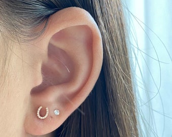14K Rose Gold and Diamond Horseshoe Earrings. Genuine Diamond Horseshoe Studs. Rose Gold Letter U Earrings. Gold and Diamond Earrings Studs.