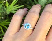 Aquamarine Ring. Sterling Silver Halo Aquamarine Ring. March Birthstone Ring. Gemstone Ring. Aquamarine Round Halo Ring. Sizes 4-12.