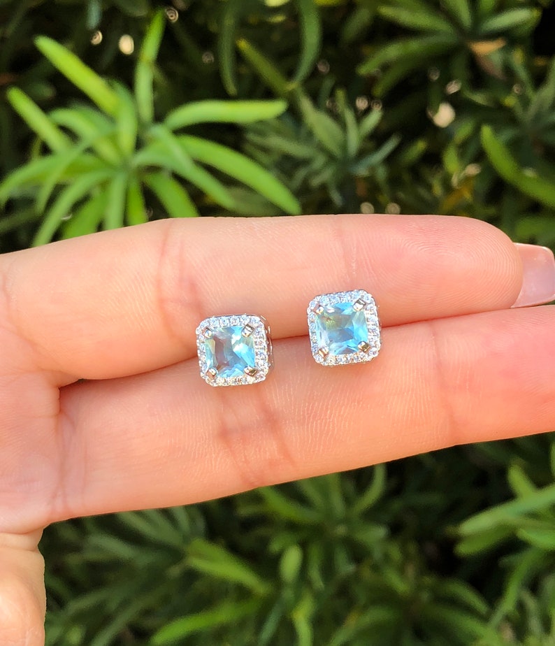 Aquamarine Earrings. Gemstone Earrings. Square Halo Stud Etsy