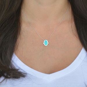 Einzigartiges Design hochwertige Sterling Silber Blau Opal Hamsa Halskette. Fatima Halskette. Silber Hamsa Halskette. Vergoldete Hamsa Halskette.