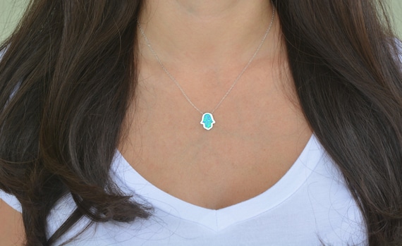 Unique design high quality sterling silver blue opal hamsa necklace. Fatima necklace. Silver hamsa necklace. Gold plated hamsa necklace.