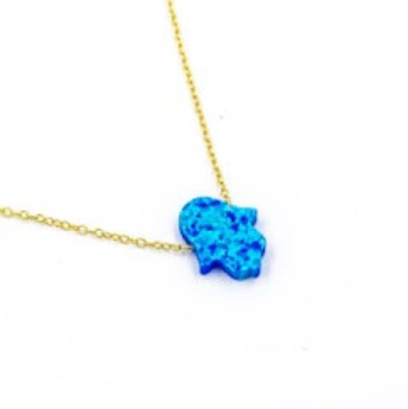 Sterling silver blue opal hamsa necklace. Turkish necklace. Silver gold plated blue opal hamsa necklace. White opal fatima necklace. image 4