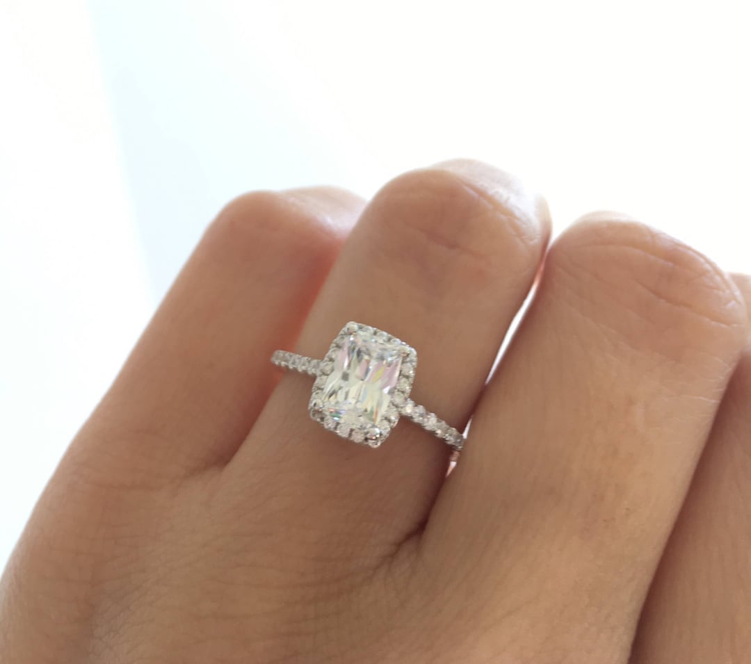 Sterling Silver Radiant Cut Halo Engagement Ring. Swarovski Solitaire Ring. Unique Design