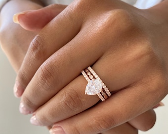3.50 ctw Wedding Ring Set. Rose Gold Pear Shaped Engagement Ring. Anniversary Rings. Art Deco Band. Half Eternity Ring. Teardrop Ring Set.