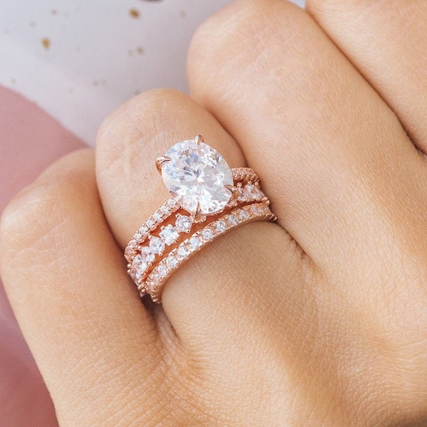 Rose Gold Oval Engagement Ring. Diamond Simulant 6.25 ctw Wedding Ring Set. Bridal Rings. Rose Gold Oval Ring. Rose Gold Anniversary Rings.