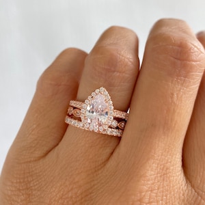 3.0 ctw Rose Gold Wedding Ring Set. Bridal Rings. Pear Shaped Halo Wedding Rings. Teardrop Ring. Art Deco Band. Pear Cut Engagement Ring. image 4