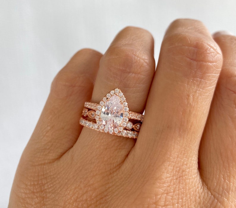 3.0 ctw Rose Gold Wedding Ring Set. Bridal Rings. Pear Shaped Halo Wedding Rings. Teardrop Ring. Art Deco Band. Pear Cut Engagement Ring. image 4