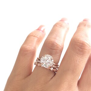 Rose Gold Wedding Ring Set. Round Cut Engagement Ring With 2mm Art Deco Band And 2mm Full Eternity Band. Rose Gold Bridal Ring Set. image 8